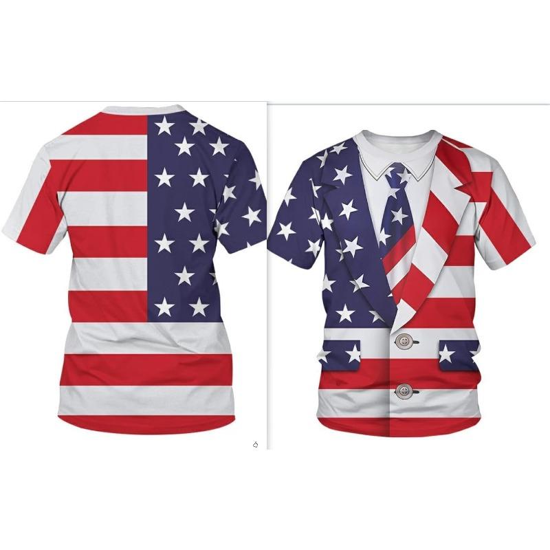 Summer Round Neck 3D American Flag Print Top Fashionable Casual Short Sleeved Men's T-shirts