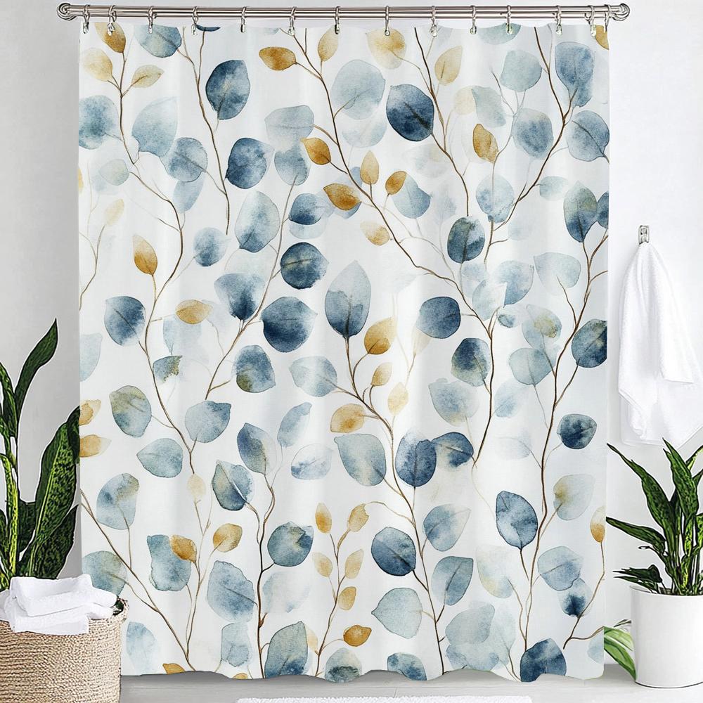 Elegant Blue Floral Print Waterproof Shower Curtain Partition Privacy Hanging Curtain With Hooks Multiple Size Machine Washable
