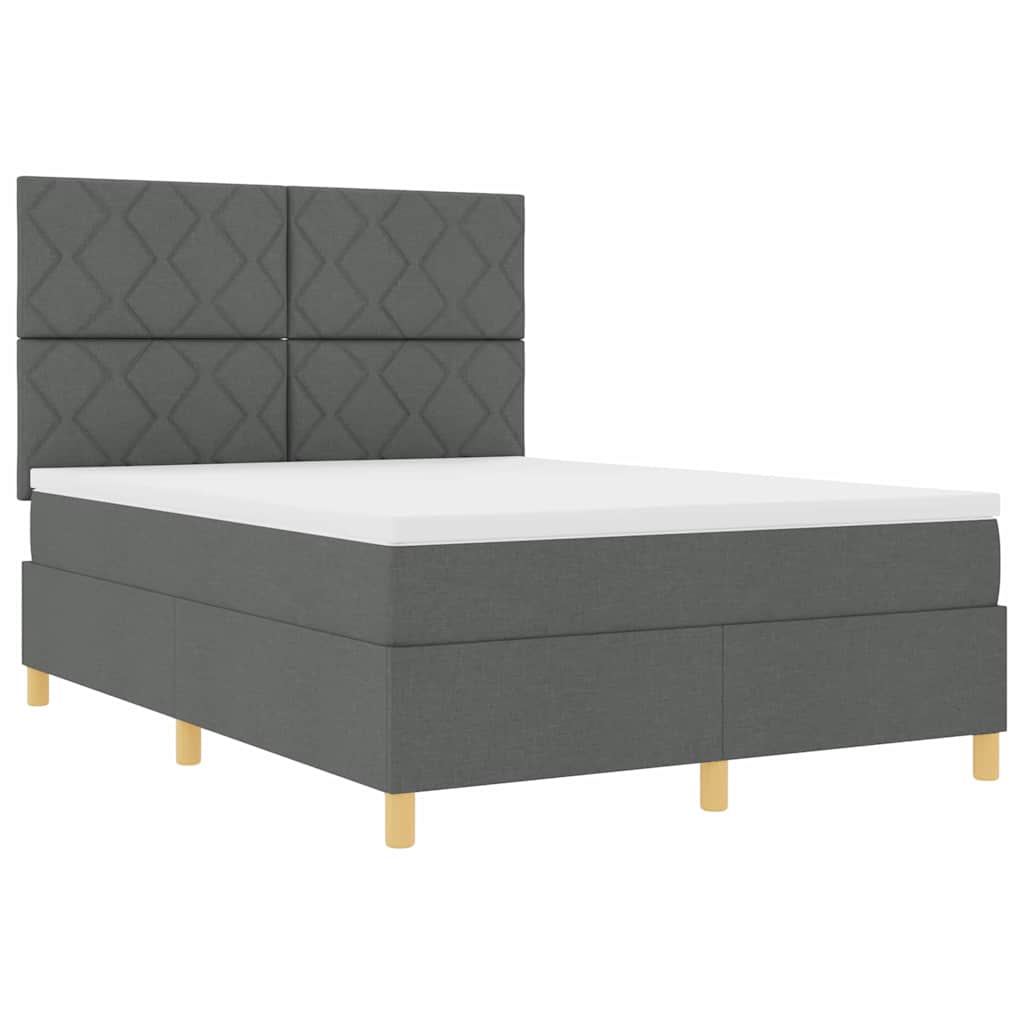 LED Box Spring Bed with Headboard Dark Gray 140 X 190 Cm Fabric