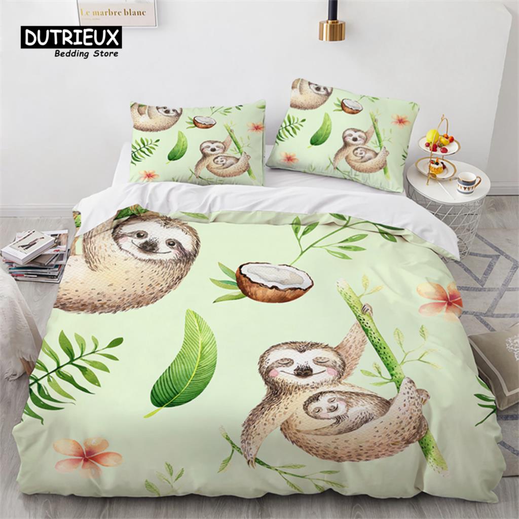 Niedlicher Faultier Bettbezug Einzelbett Cartoon Tier Bettwäsche Set Mikrofaser Floral Blätter Steppdeckenbezug Für Teenager Mädchen Jungen Kawaii Raumdeko
