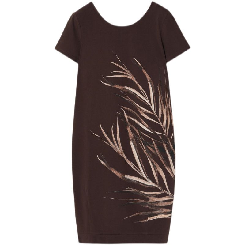 

European OEM Goods Tail Goods Plaid Cotton Side Pocket Palm Leaf Print Summer Women s Short-Sleeved Knitting Dress Brown S