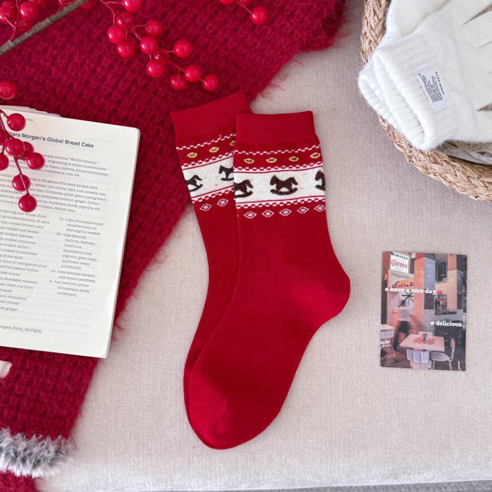 2026 Year of the Horse Women's Thick Red Cotton Socks - Cute Zodiac Mid-Calf for Autumn/Winter