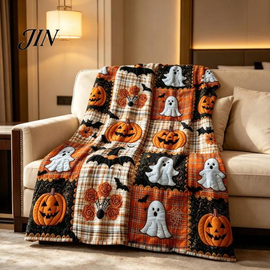 Soft Pumpkin Bat Print Bed Cover & Throw Blanket, Halloween Cozy Flannel Decorative Bedding Plaid for Couch Sofa Bed, Fall Home Decor