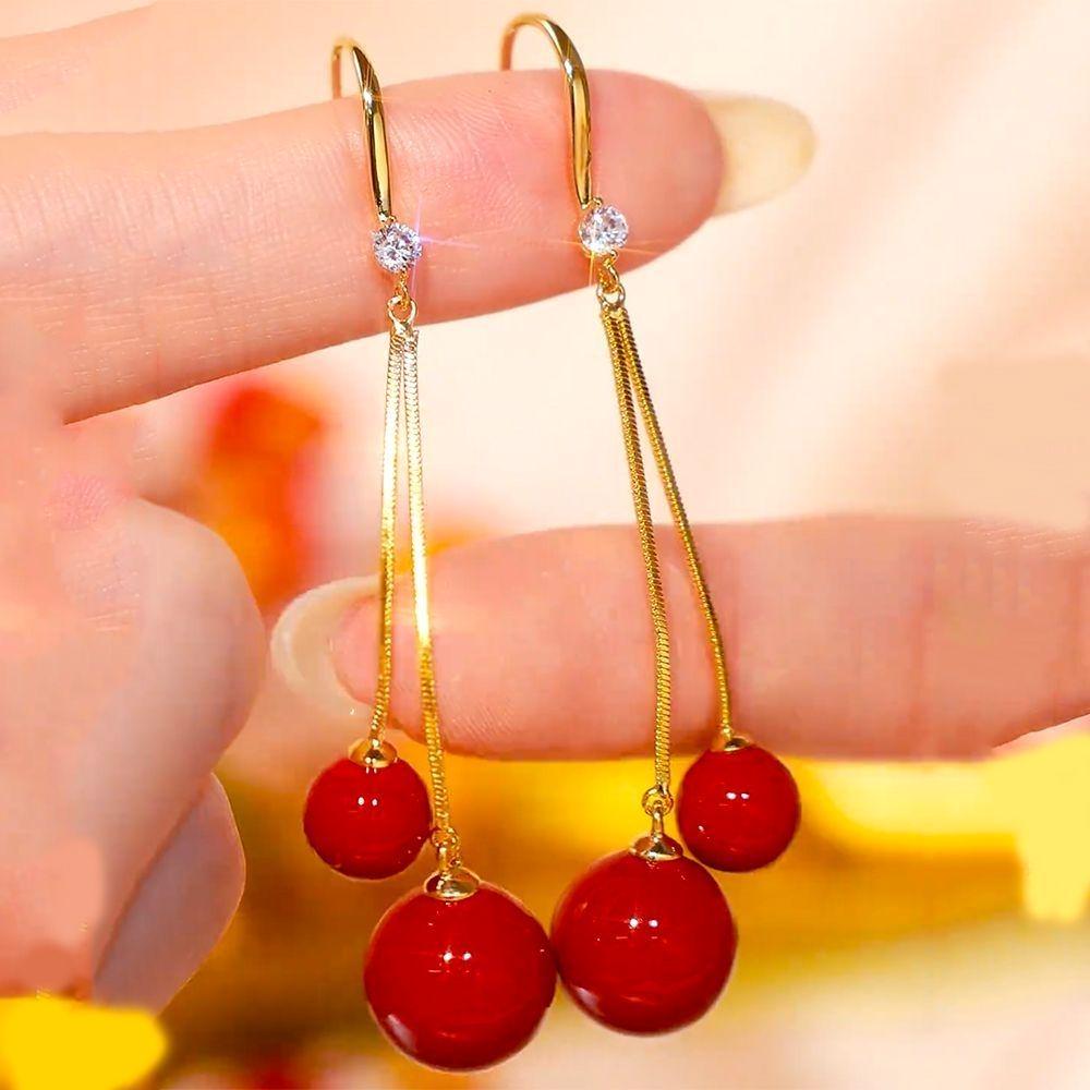 2024 Festive Red Pearl Face-Slimming Long Earrings - Chic, Trendy Niche Design