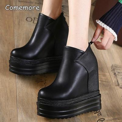 14CM Super Hoge Hak Plateau Enkellaarzen voor Dames PU Zwarte Sleehak Schoenen Achterrits Pluche Herfst Winter Korte Botas Maat 34 39