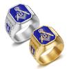 New Hip-Hop Jewelry Titanium Steel Gold-Plated Blue Resin Masonic AG Men's Ring