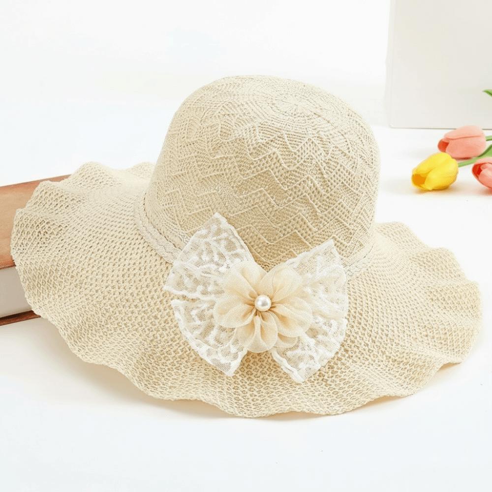 Flower Weave Bucket Hat Lace Bow UV Protection Cap Sweet Wide Brim Knitted Hat Summer
