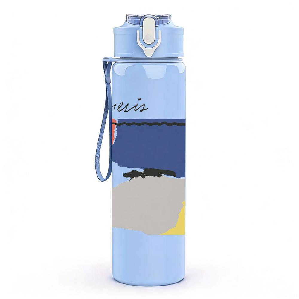 1PC Abstract color block rectangular print 750ml colorful plastic sports water bottle leakproof pop up lid with straw for outdoor work home use