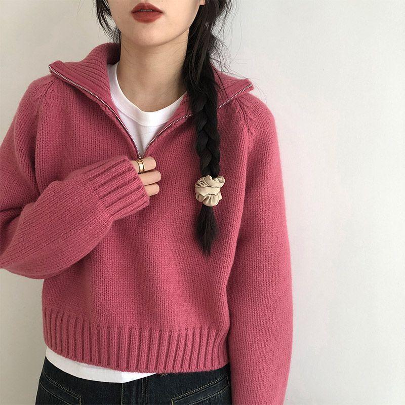 Women's Short-Length Korean-Style Half-Zip High Neck Sweater Autumn Winter Loose Lazy-Style Thickened Knitted Top