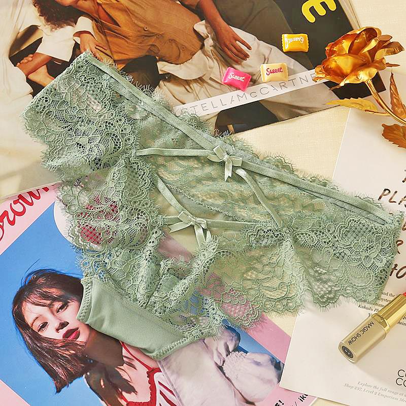 Sexy Lace Low Waisted Underwear Cross Bow Transparent Underpant Mesh Hollowed Out Semi Wrapped Buttocks Seamless Panties