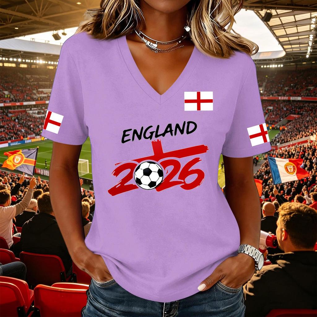 Women's Casual V Neck Short Sleeve Pullover Top Football Flag Print Support Tee Shirt for Sports Events