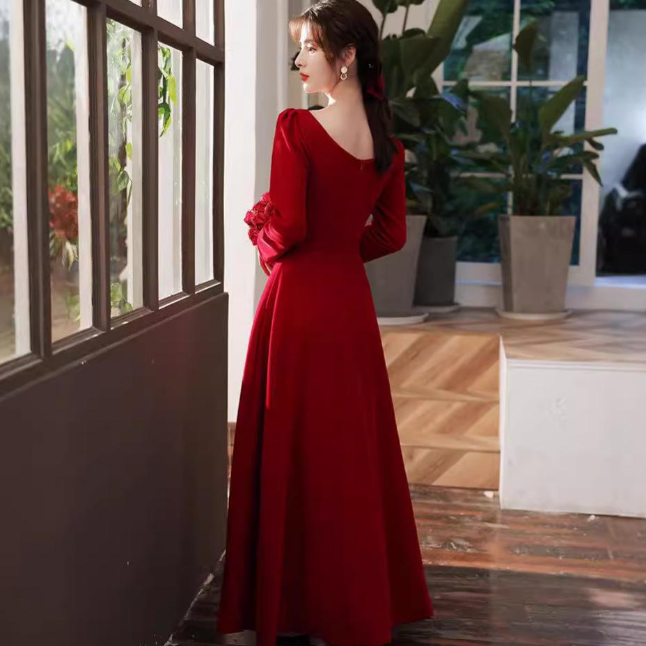 Autumn and Winter Toast Dress Bride Red High Sense Engagement Long Sleeve Party Wedding Host Evening Dress Annual Meeting