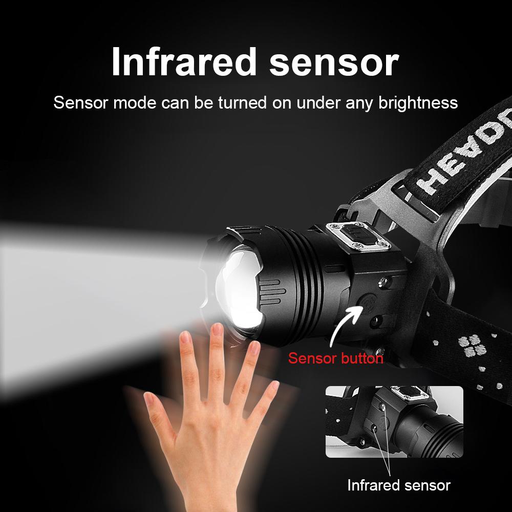 XHP199 Smart Sensing Headlamp Lightweight Portable Headlight Built-in Battery Rechargeable Head Flashlight Adjustable Waterproof Head Lantern