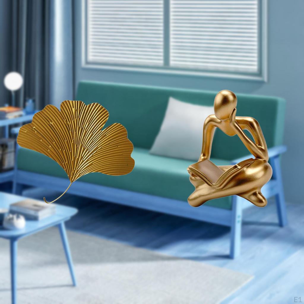 Wrought Iron Ginkgo Leaves Wall Sculpture Abstract Thinker Statue Decoration for Living Room Office