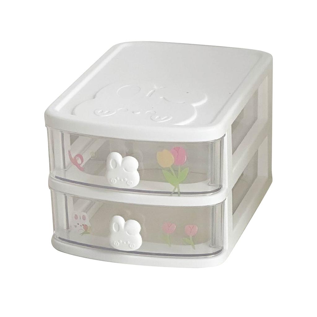 2 Tier Cute Plastic Drawer Organizer with Rabbit Handle Stackable White Plastic Desk Storage Box