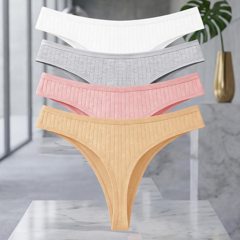 FINETOO 4Pcs/Set Cotton Ribbed Thongs For Women Seamless Solid Color High Quality Underwear Ladies Cozy Breathable Sexy G-String