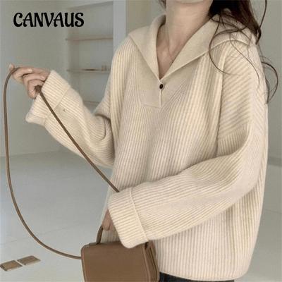 Autumn and Winter Women's Sweater POLO Collar Knit Sweater Pullover Thin Loose Lazy Wind Long-sleeved Tops