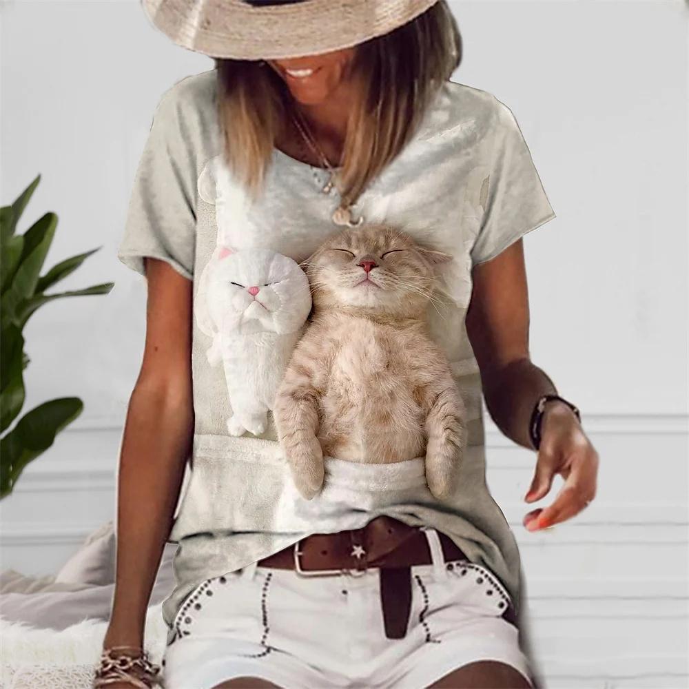 Женская футболка с 3D принтом кота и летним элементом — фото 3