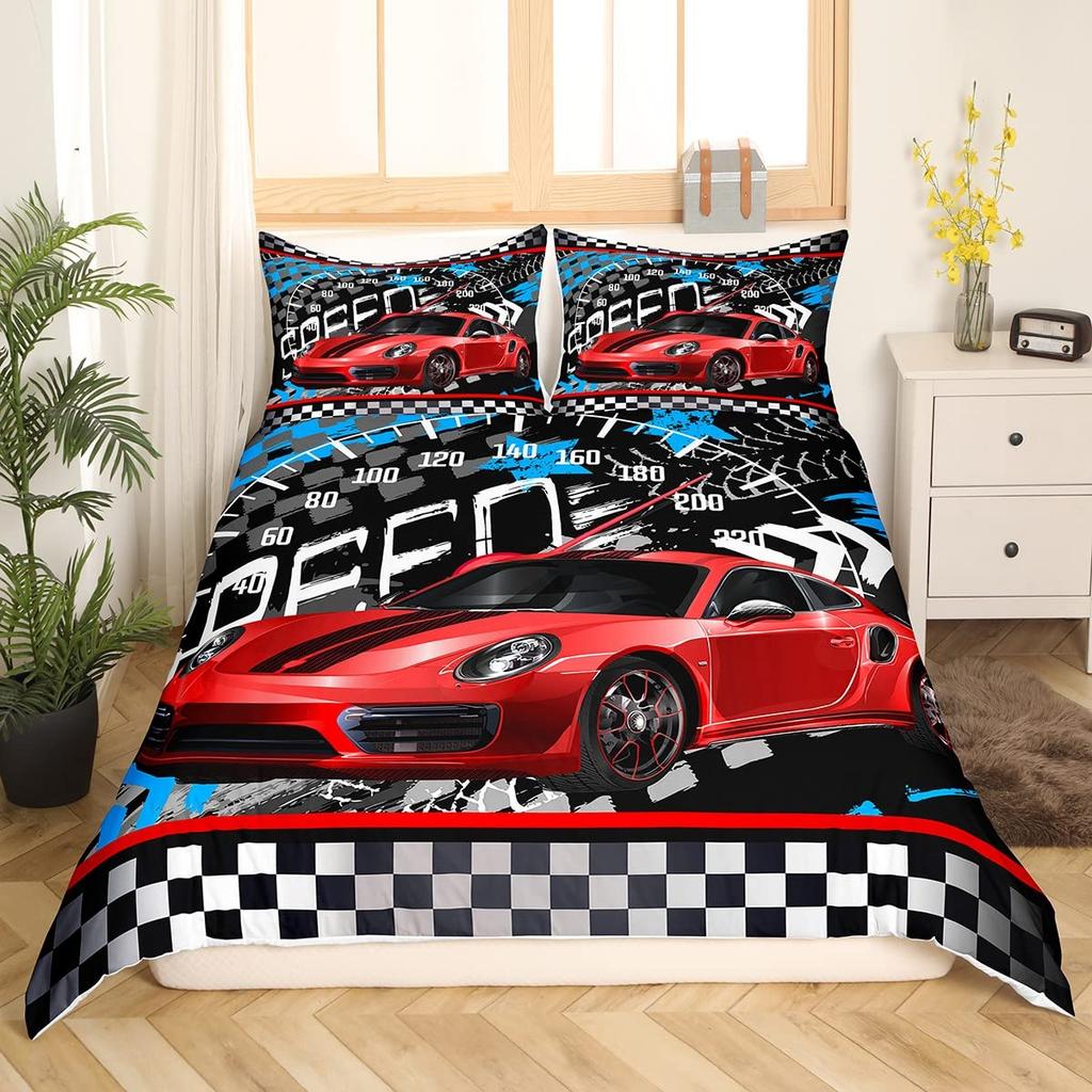 Race Car King Queen Duvet Cover Boys Extreme Sports Bedding Set 3D Cool Speedometer Quilt Cover Soft Polyester Comforter Cover