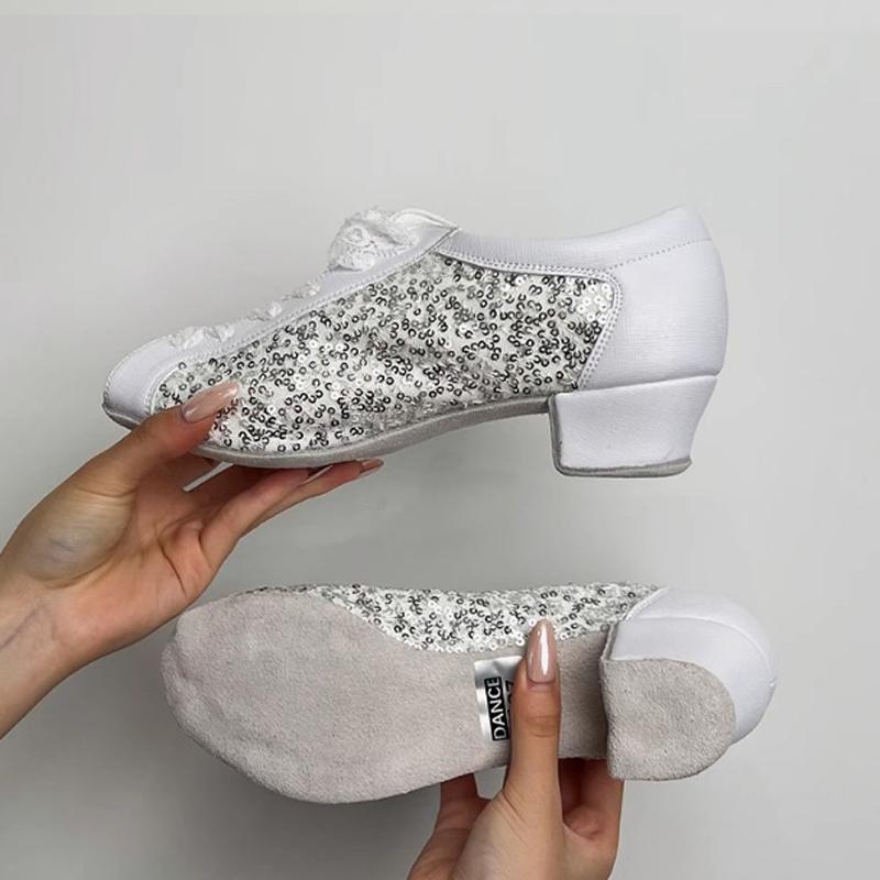 Leather Latin Dance Shoes For Adults Women Soft Soles Comfortable Modern Dancing Cowhide Outsole Sneakers Ballroom