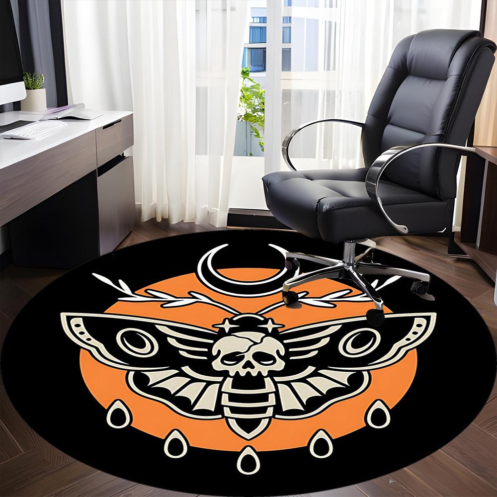 1PCMoth Skull Office Round Area Rug,  Mat Suitable For Office, Under Office Chairs Bedroom Living Room Home Decor, Room Deco
