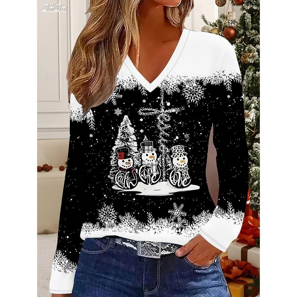 

Женская футболка с графическим принтом Снеговик Рождественская елка Модная Стильная С длинным рукавом V-образный вырез Осень Зима XXL