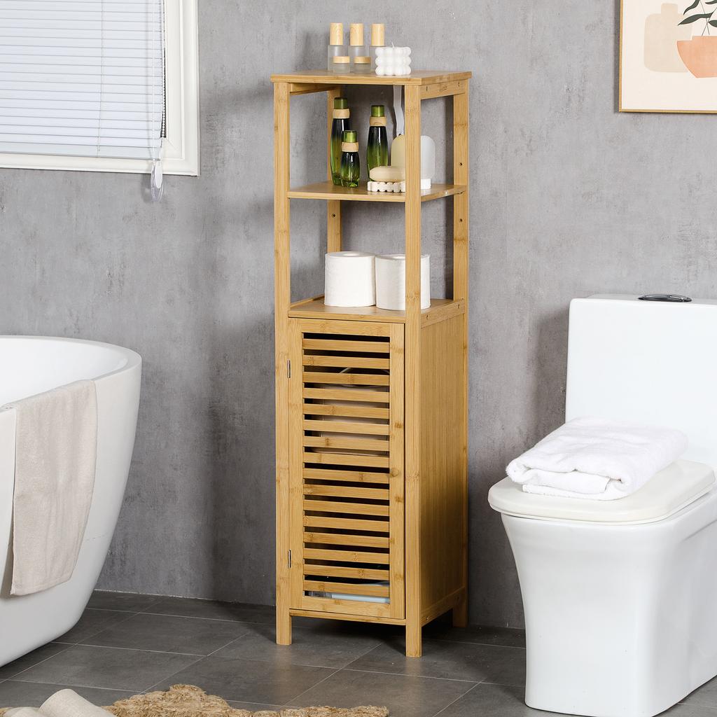 Bathroom Shelf, Cabinet Compartment with Louvered Door, Adjustable Shelves, Bamboo, approx. 33 x 30 x 120 cm