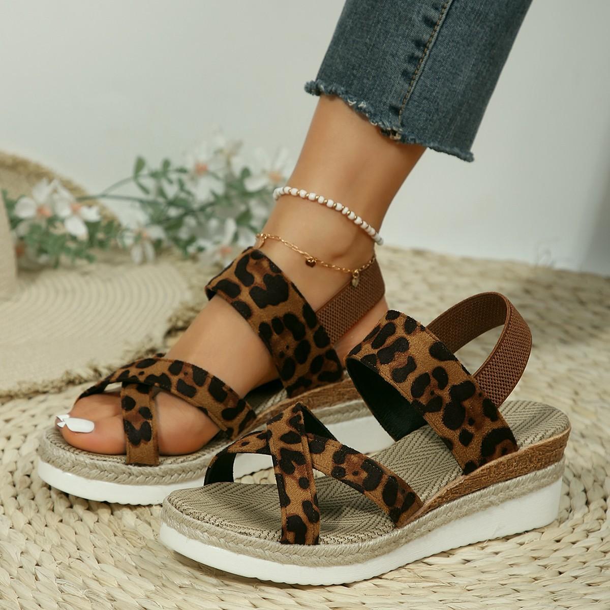 

Large size 2024 summer new sandals women s one-character leopard print fish mouth hemp rope thick-soled wedge sandals 43