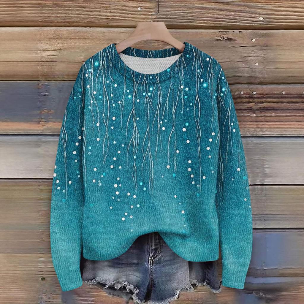 Long Sleeve Pullover Sweaters For Women O Neck Casual Cute Printing Knit Oversized Sweater