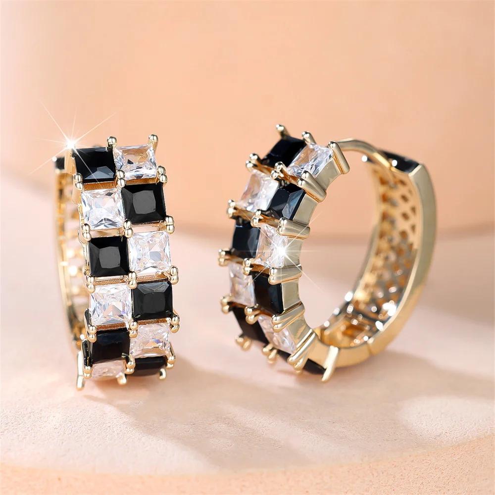 Exquisite Square White Black Zircon Chessboard Hoop Earrings for Women Vintage Golden Wedding Jewelry Gifts