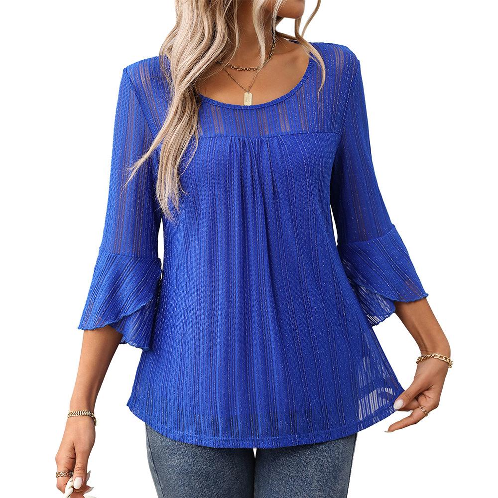 

Elegant and Fashionable Round Neck Ruffle Sleeves Sparkling Mesh Top Women s T-shirts XXL