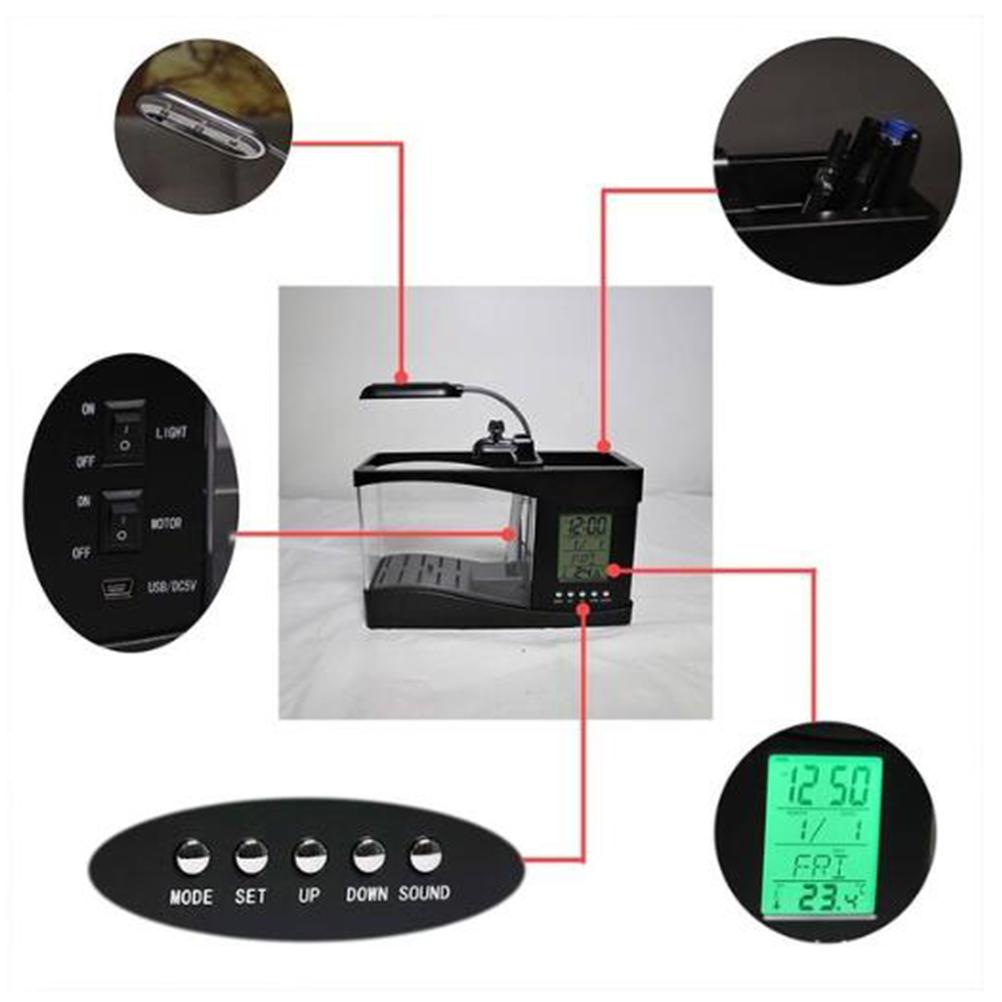 Multifunkční USB mini akvárium s akváriem a LED lampou, LCD displejem a hodinami pro úložiště