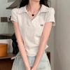 Large size pure cotton design sense polo collar shoulder short-sleeved t-shirt women's summer slightly fat mm sweet and spicy thin short top