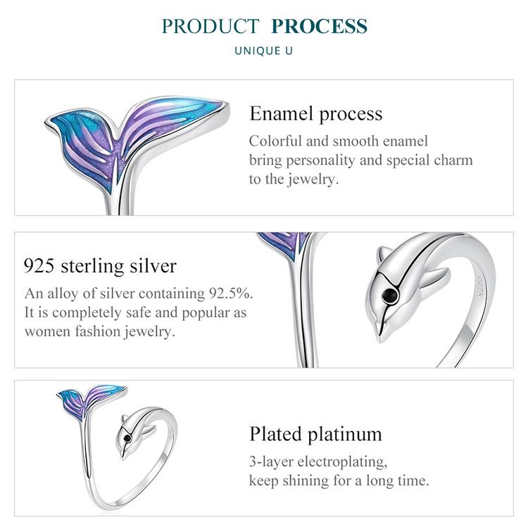 Bamoer Authentic 925 Sterling Silver Dolphin Ring for Women Fine Jewelry Colored Cute Tail Ring Kids Beach Party Gift