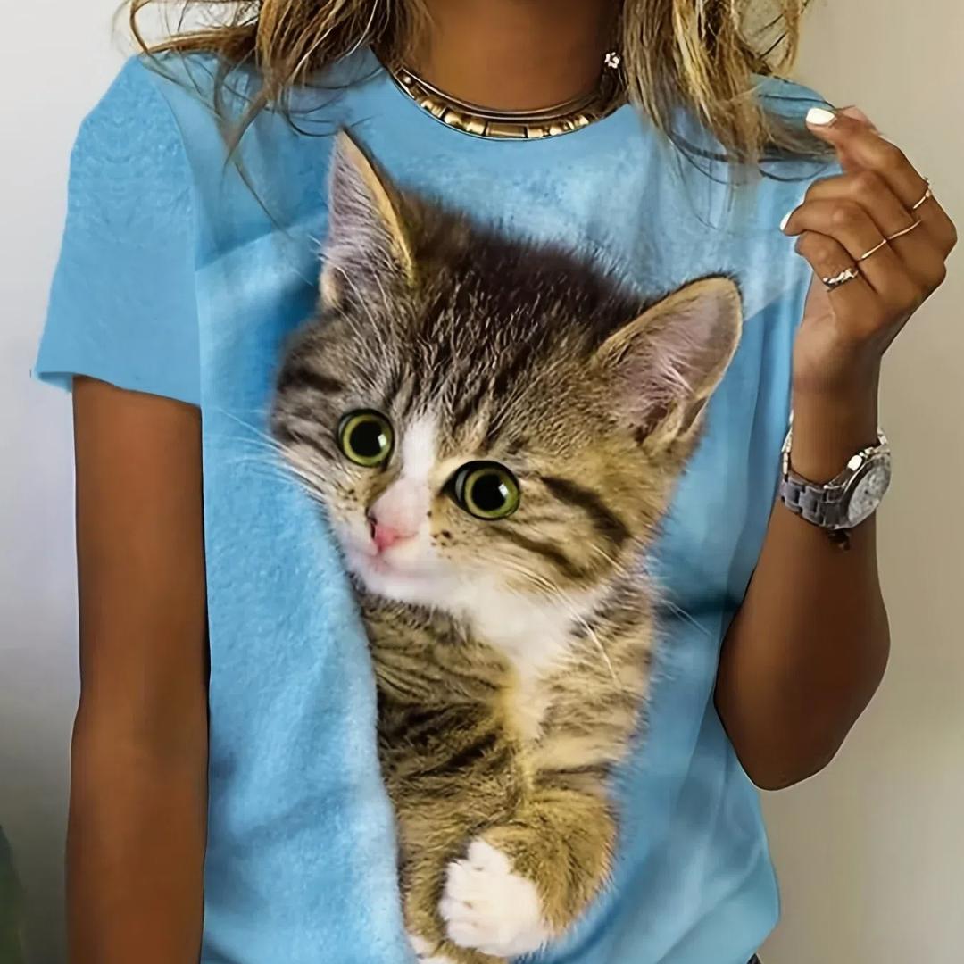 

Футболка з круглим вирізом із принтом «милий кот» Жіноча футболка великого розміру Повсякденна футболка з короткими рукавами для весни-літа Вуличний одяг Повсякденний жіночий одяг XS