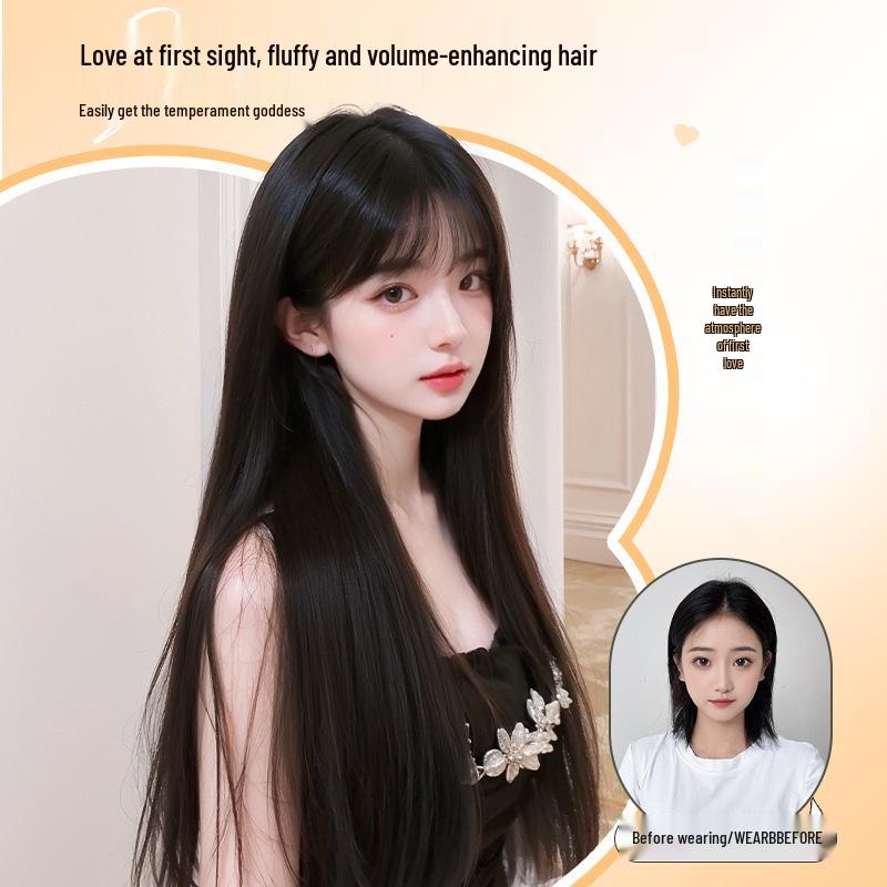Women's Full Head Wig with Air Bangs - Black Long Straight Synthetic Hair, Fluffy and Natural for Daily Use.