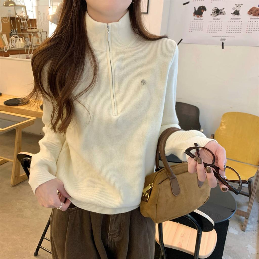 Autumn and winter new semi-zipper stand-up neck sweater knitted sweater loose and versatile Andy fleece long-sleeved top women
