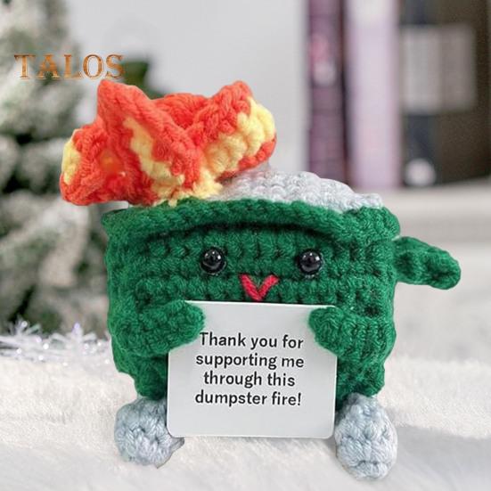 2Pcs Positive Crochet Flame Dumpster with Encouraging Card Emotional Support Handmade Knitting Trash Can Doll Decoration Ornament