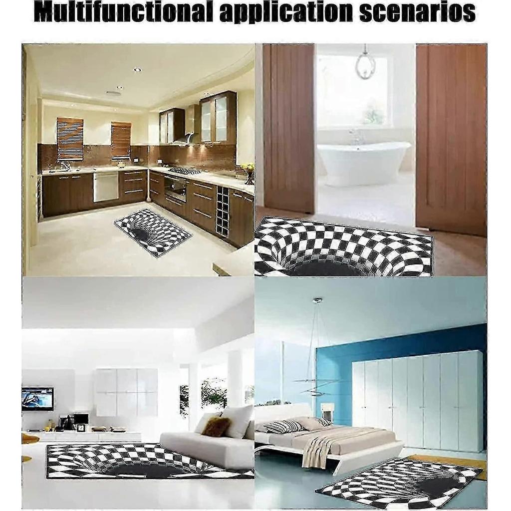 Optical Illusion Rug 3d Stereo Checkered Vortex Optical Illusions Rug Funny Sensation Of Falling Black & White Non-slip Plaid Hole Area Rug For Dining