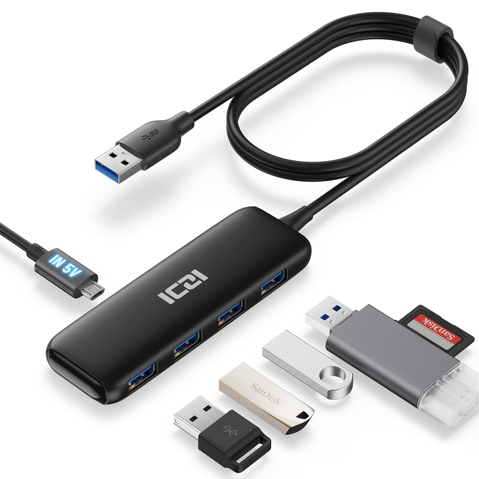 

ICZI USB Gen1 Hub with 120cm USB Extension Unique Design with Micro USB Power 5Gbps USB Slim Compatible with Surface and Ideal for Remote and Working чорний