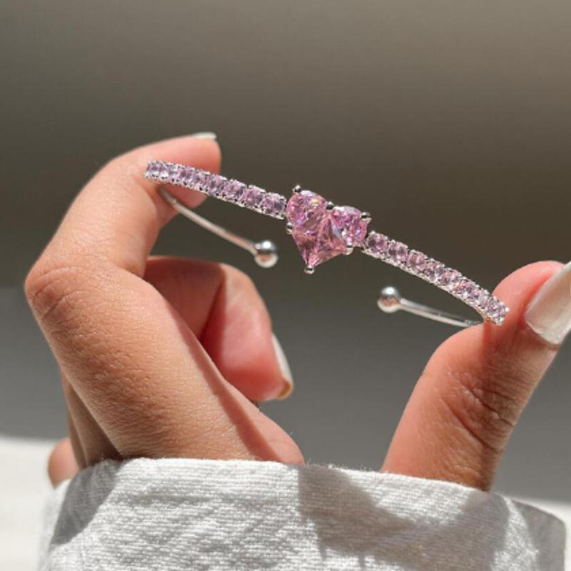 Bling White Zircon Bracelet Necklaces for Women Heart-Shaped Pink Crystal Pendant Necklace Women's Jewelry Set Exquisite Gifts
