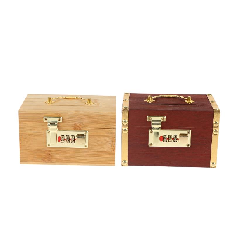 Small Wooden Treasure Savings Box Piggy Bank with Secure 3 Digit Combination Lock for Kids Home Money Storage Gift