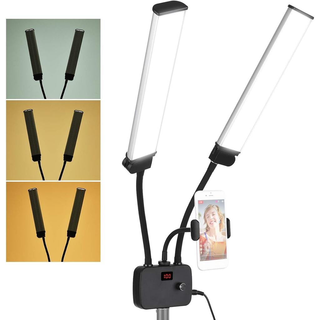 Flexible Double Arms LED Fill Light Bi-Color Dimmable Beauty LED Video Lights 3 Light Modes with Phone Holder for Live Stream
