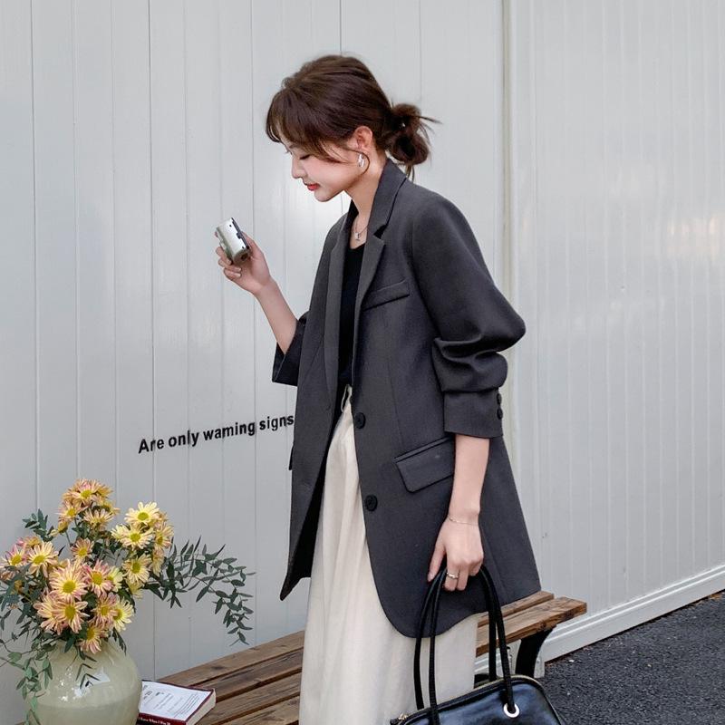 Women's Spring 2025 Fashion Suit Jacket with Rhinestone Lettering - Grey, Casual, All-Match, Loose Fit.