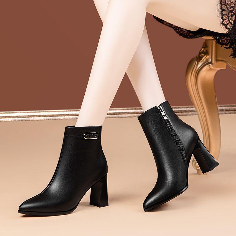 Women's High Heel Soft Leather Ankle Boots, 2025 Autumn Winter Collection, Pointed Toe, Plus Velvet.