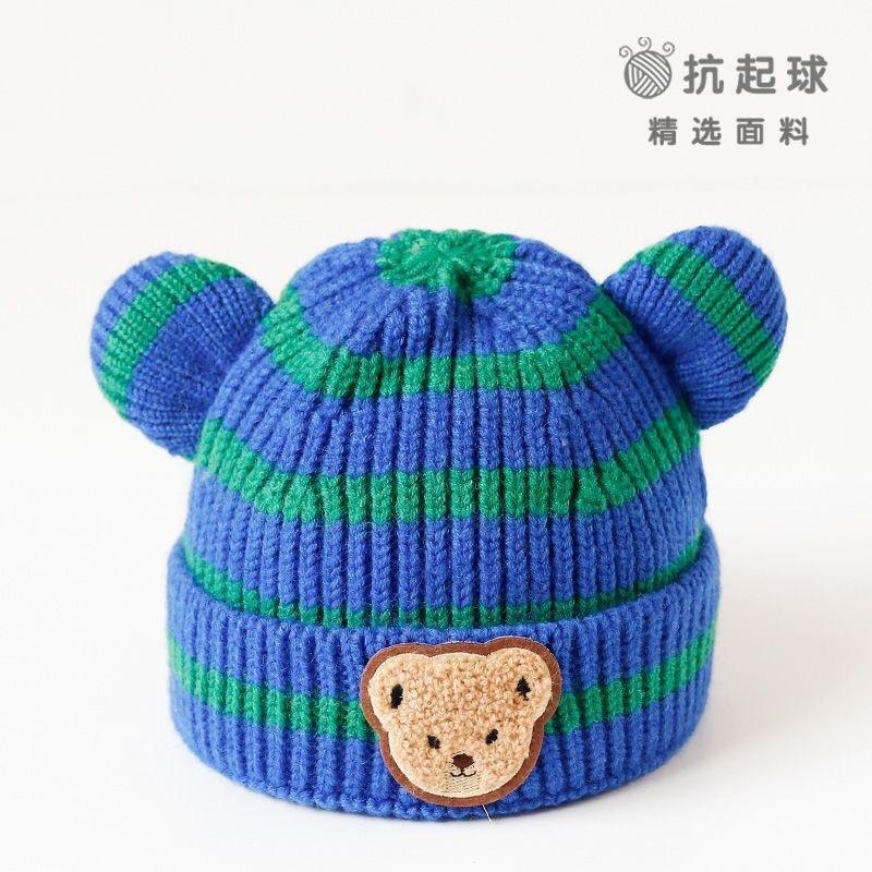 Baby autumn and winter children's knitted hats male and female baby striped bear head wool hat curled edge melon rind warm hat