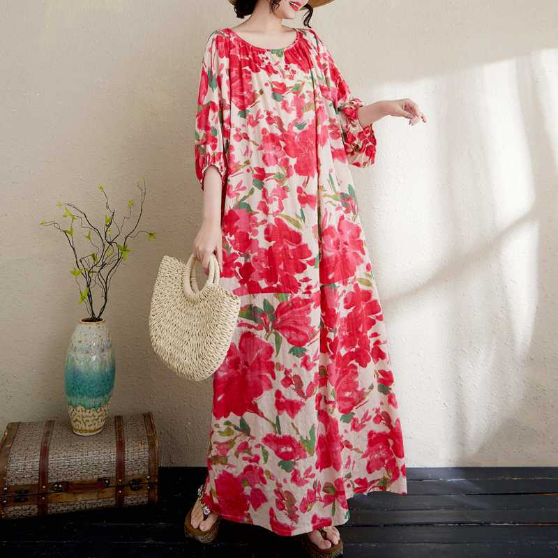 

Хлопковая и льняная принтованная длинная юбка, свободная юбка-халат One size