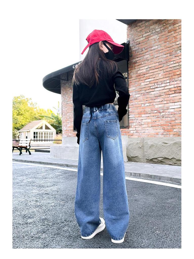 Girls' Cartoon Jeans - Spring/Autumn, Korean Style Loose Fit, Wide-Leg Trousers for Kids