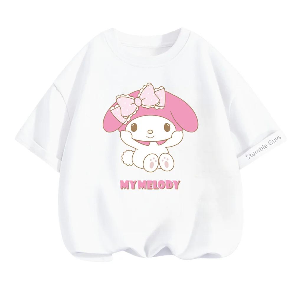 Kawaii My Melody Sanrio Short Sleeve T-shirt 3-14Y Kids Summer Casual Tops Boys Clothes Girls