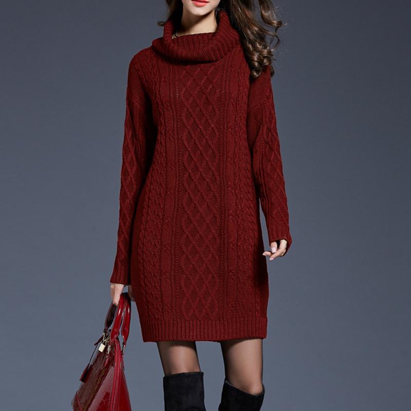 Autumn and Winter Women Casual Knitted Long Sleeve Winter Dresses Sweater Solid Knee Length Loose Fat Female Dresses